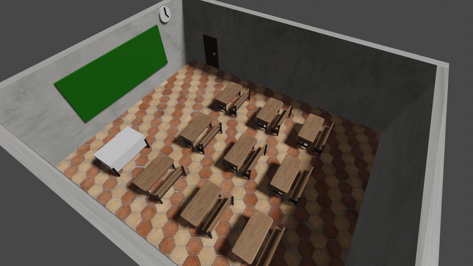 School classroom with wooden desks and chairs 3D model_2