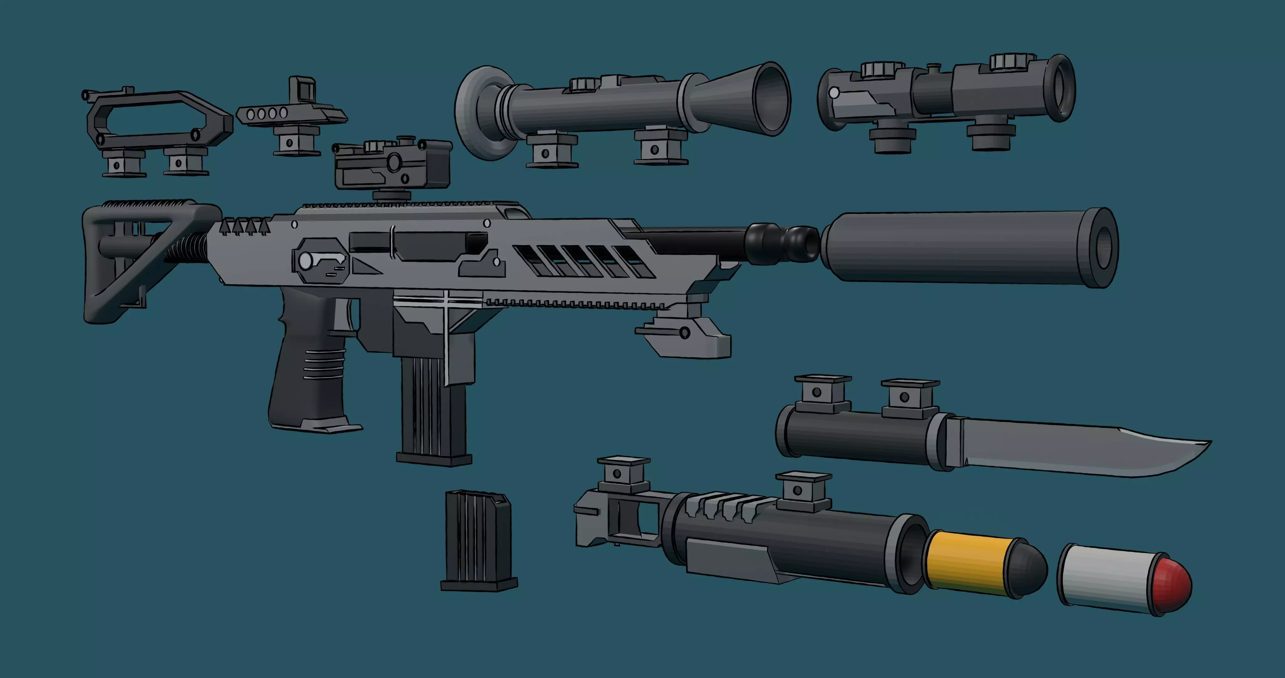 Borderlands style modular assault rifle 3D model_0