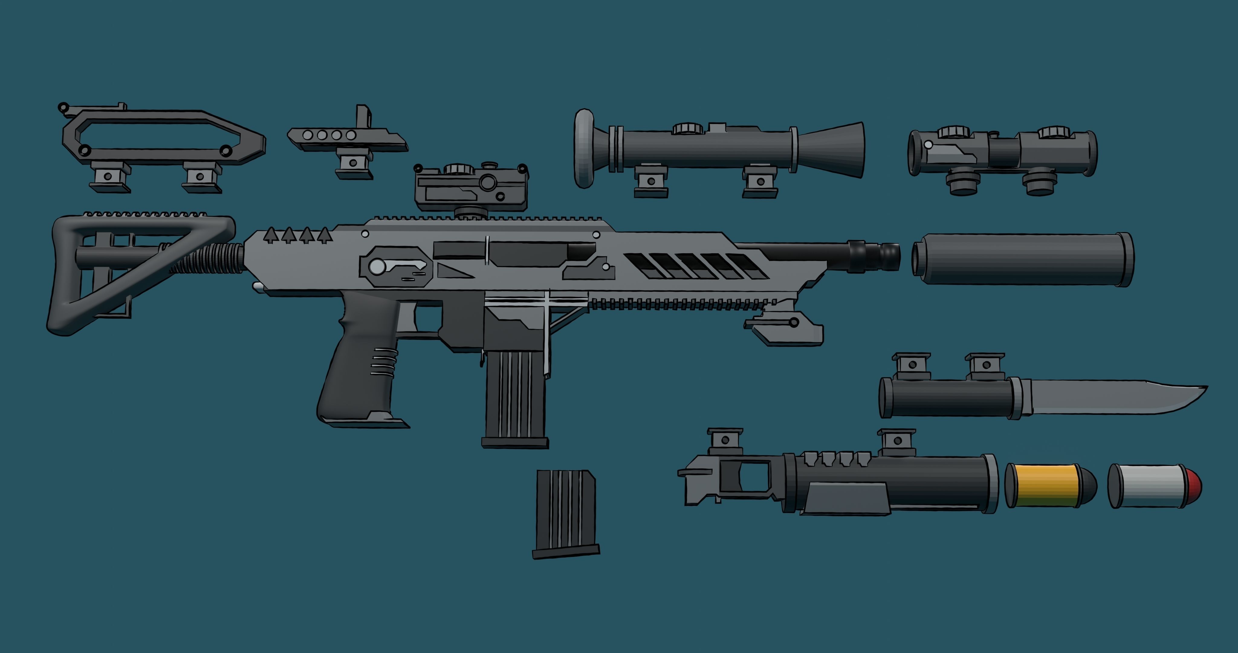 Borderlands style modular assault rifle 3D model_7