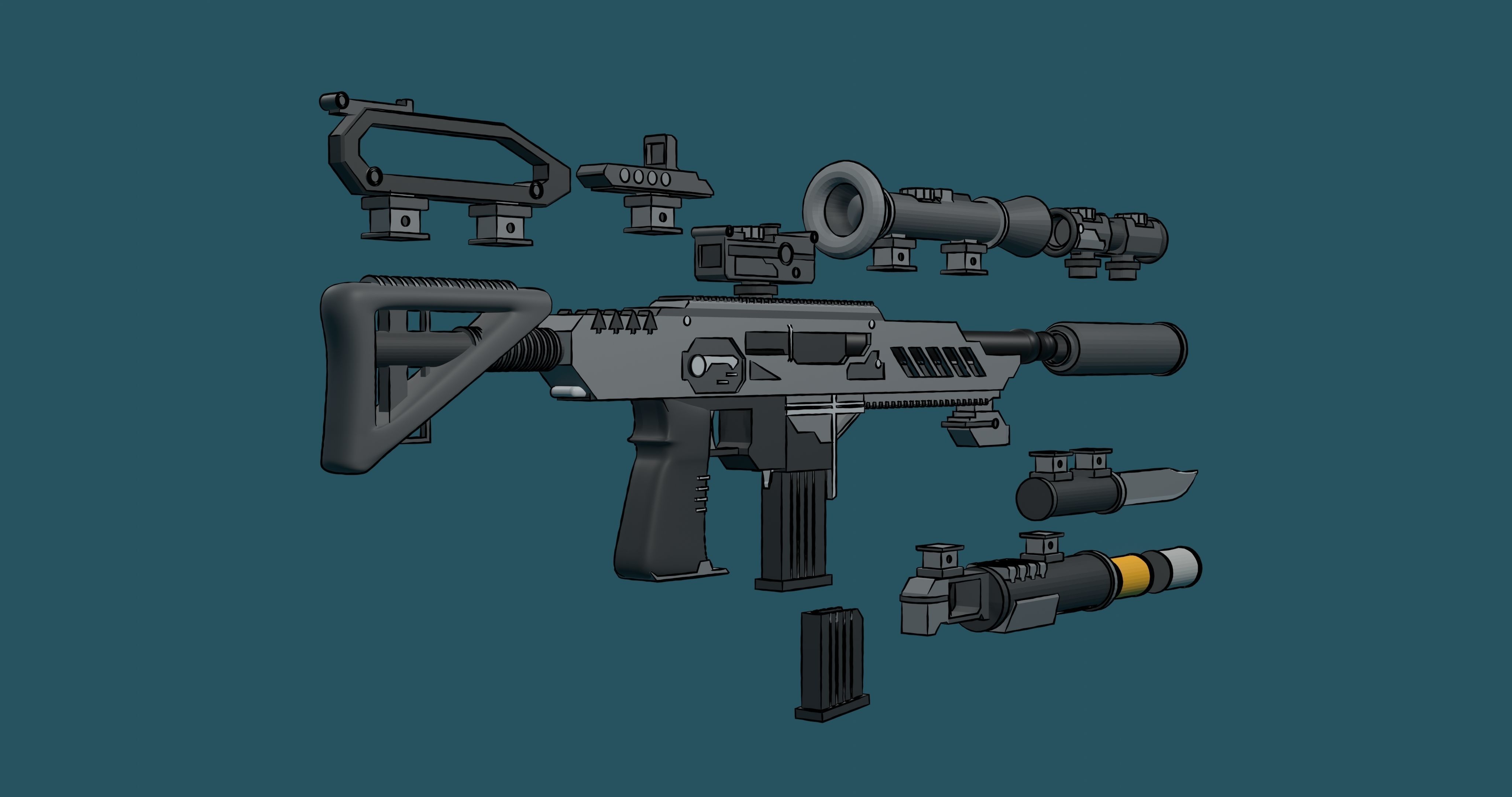 Borderlands style modular assault rifle 3D model_4