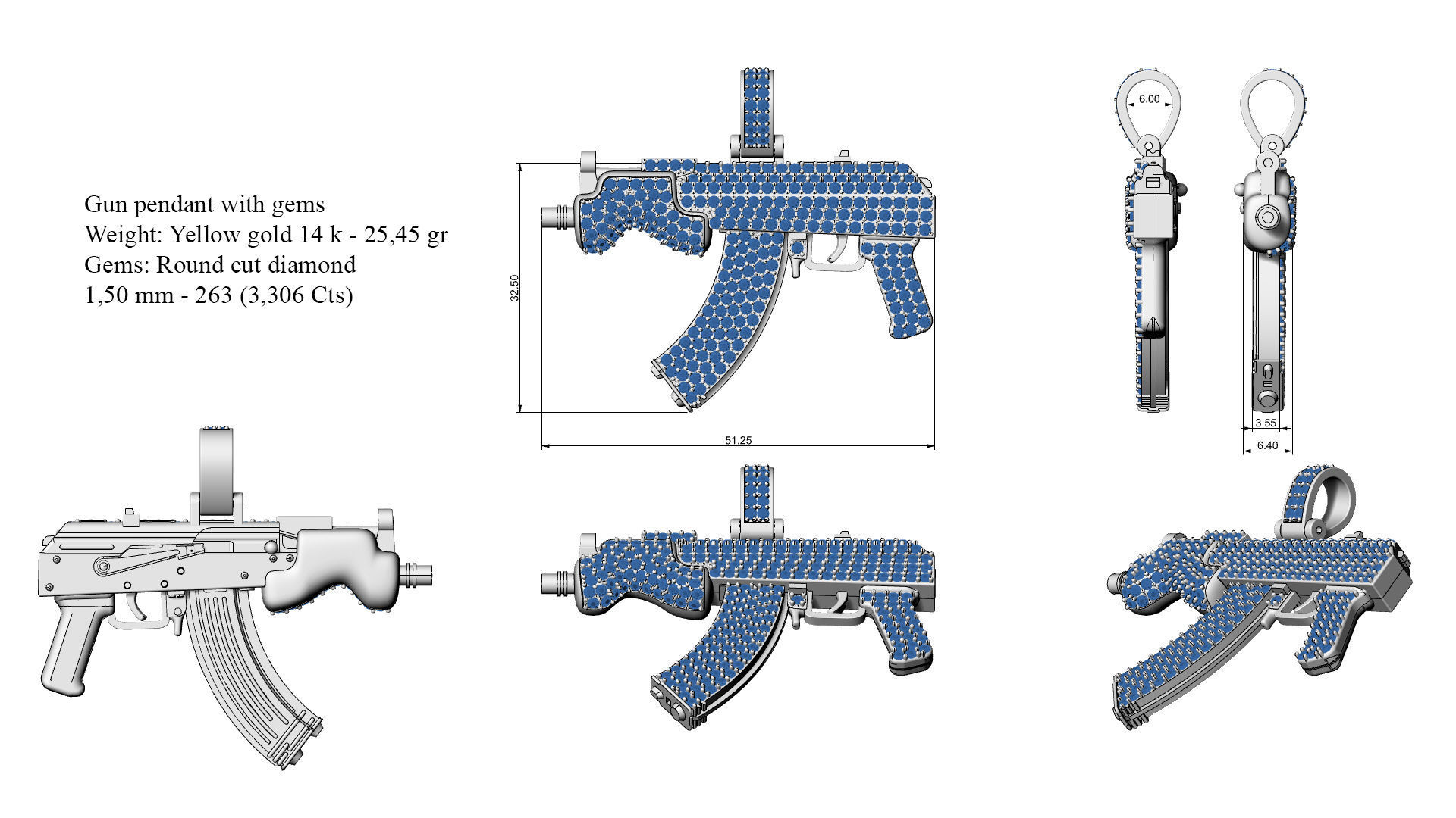 Gun pendant with gems 3D print model_6