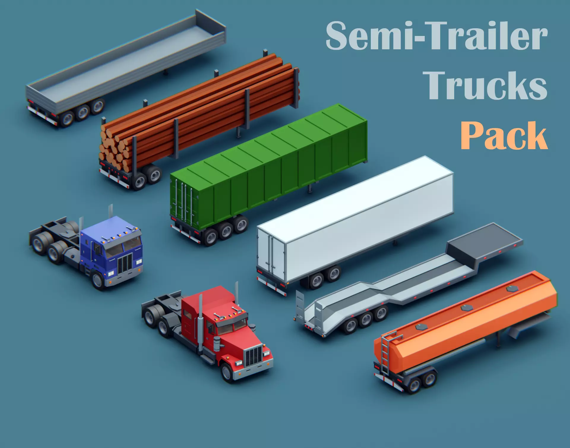 Cartoon stylized 2 semi trucks and 6 types of trailers pack 3D Model Collection_0