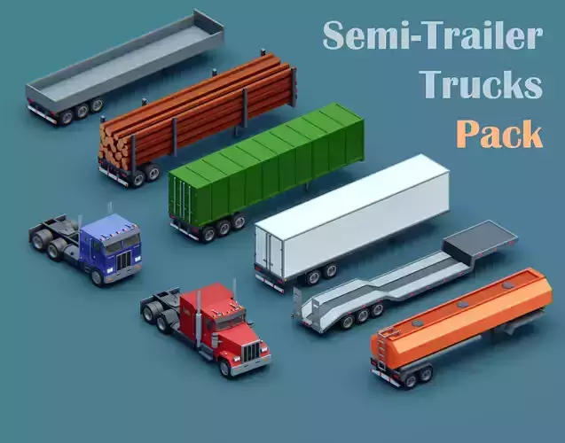 Cartoon stylized 2 semi trucks and 6 types of trailers pack 3D Model Collection