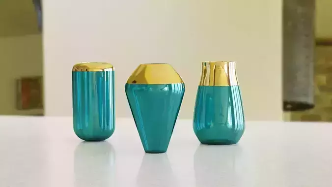 Teal glass and golden vases set