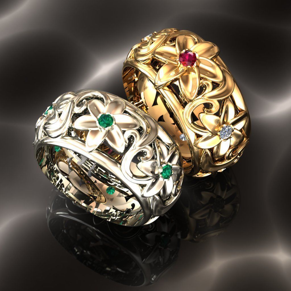 flowers rings center stone big 3D print model_1