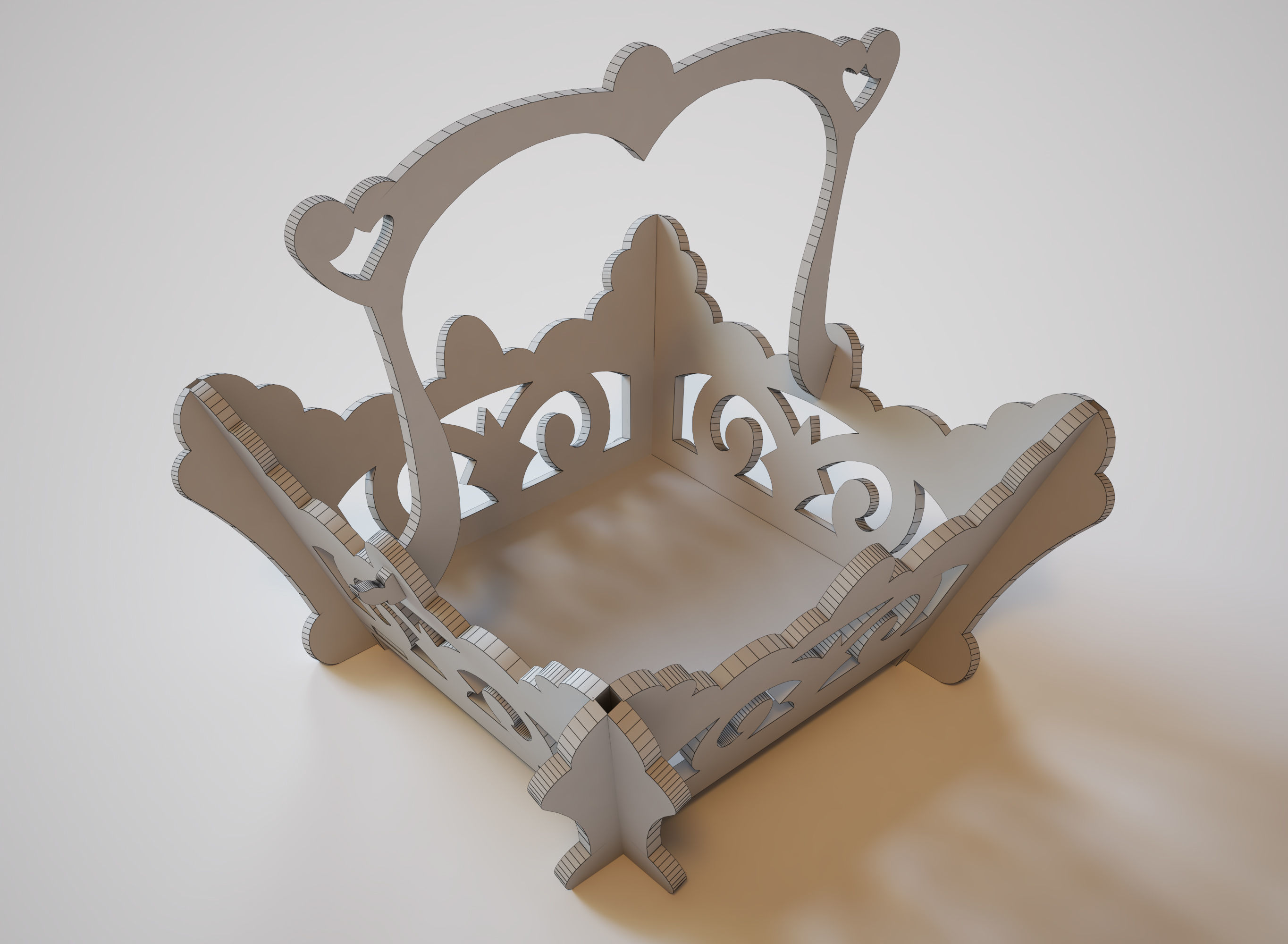 Basket wooden with ornate design 3D model_2