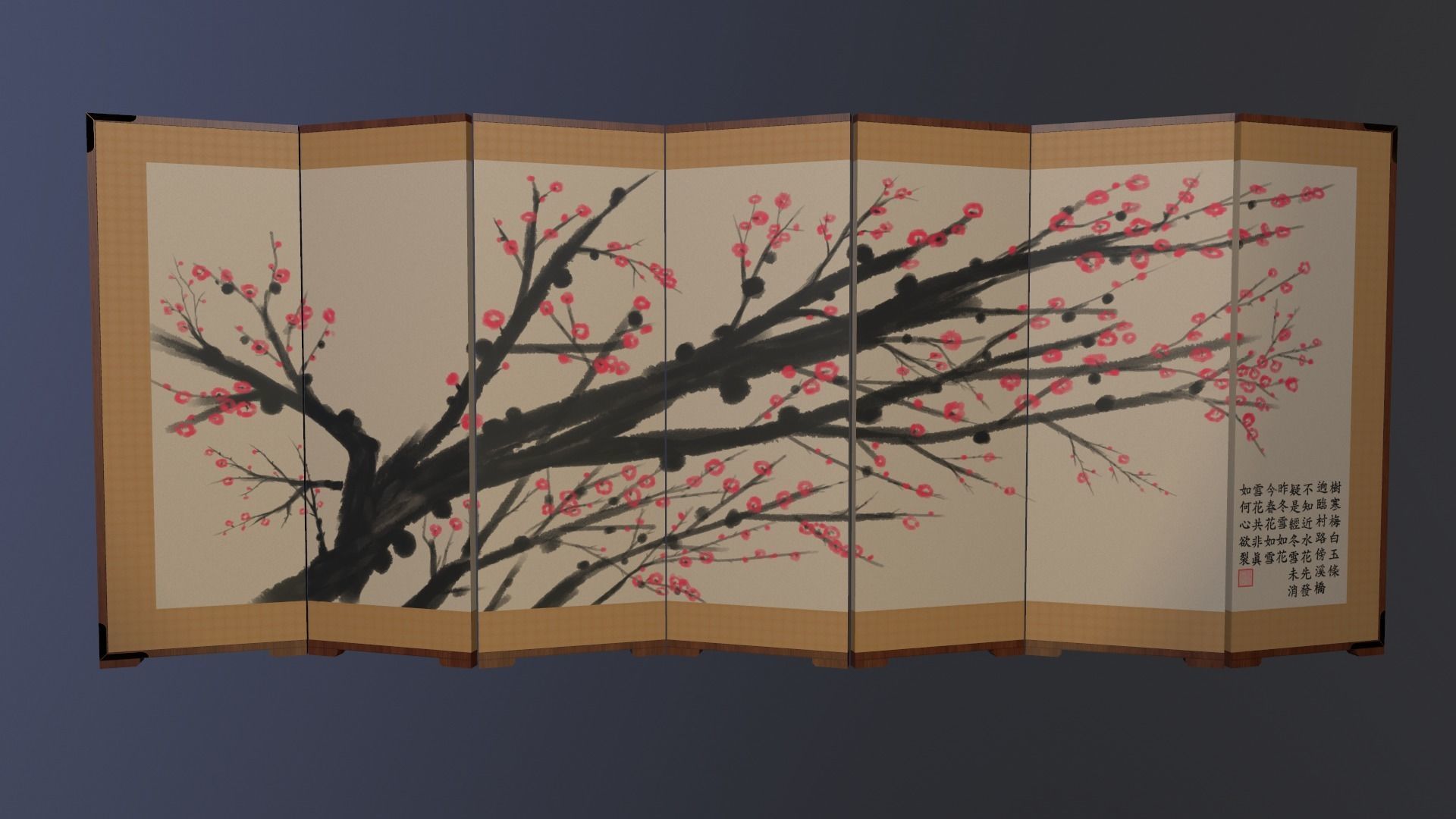 Byoungpung cherry blossom room divider 3D model_9