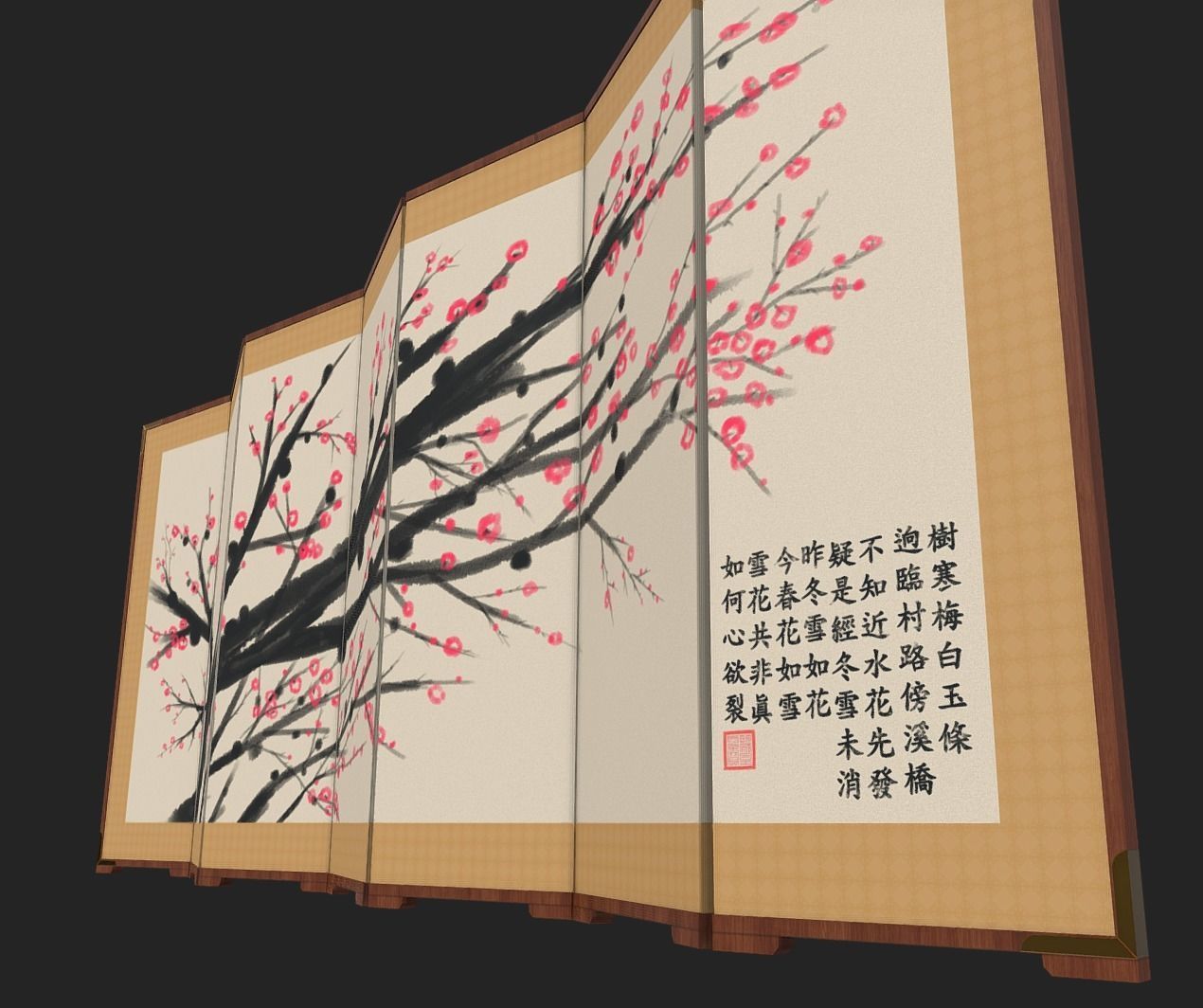 Byoungpung cherry blossom room divider 3D model_1