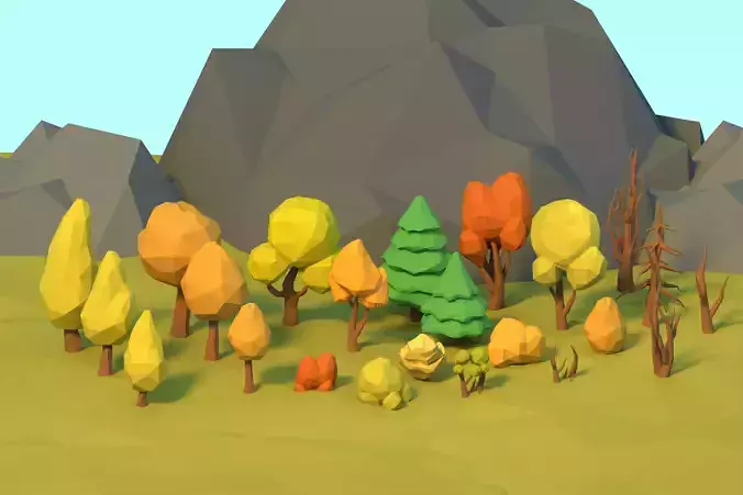 A set of low-poly trees and shrubs