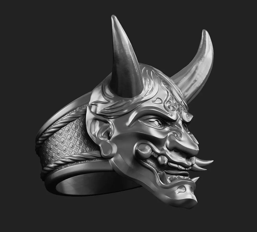 Ring Hannya Oni Demon Mask 3D print model_0