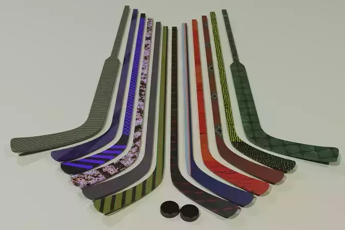 Collection of hockey sticks and pucks with procedural materials 