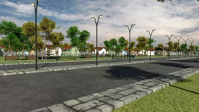 Suburb Neighbourhood Environment with a master house Low-poly 3D model 6