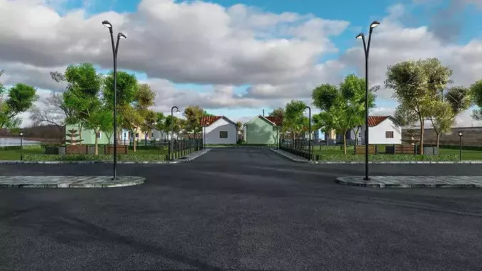 Suburb Neighbourhood Environment with a master house Low-poly 3D model 3