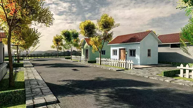 Suburb Neighbourhood Environment with a master house Low-poly 3D model 7