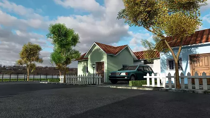 Suburb Neighbourhood Environment with a master house Low-poly 3D model 4