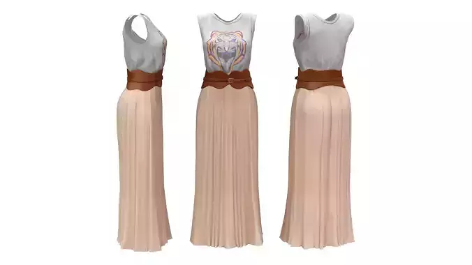 Sleeveless Tank Top Ruffled Long Skirt Dress With Belt Low-poly 3D model