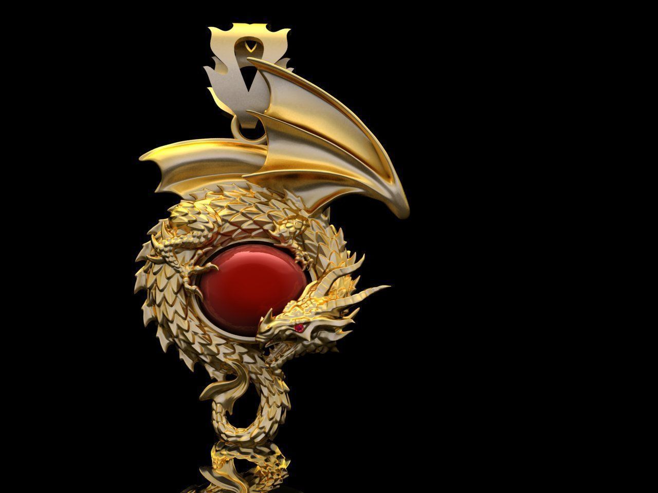 dragon gold pendant with stone 3D print model_2
