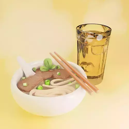 Cartoon Low Poly Beef Noodle Soup and Ice Tea