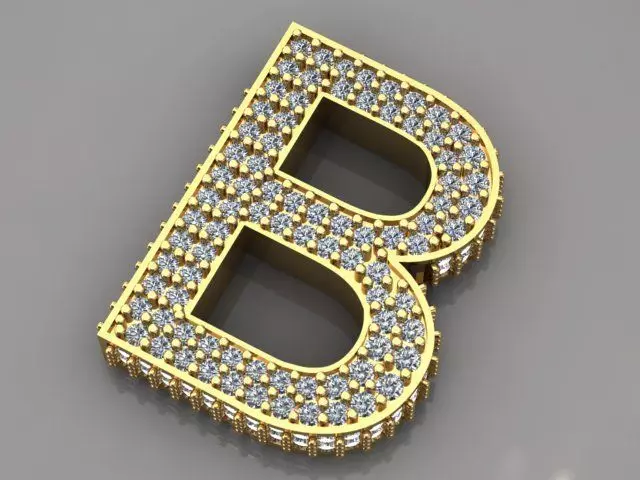 B pendant necklace with gems 3D print model_0