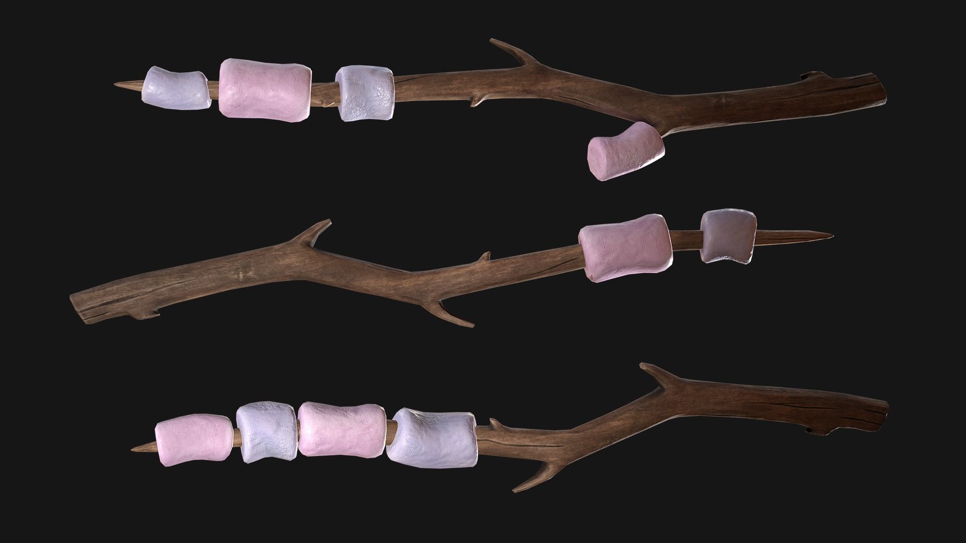 Marshmallow on a wooden stick Low-poly 3D model_6