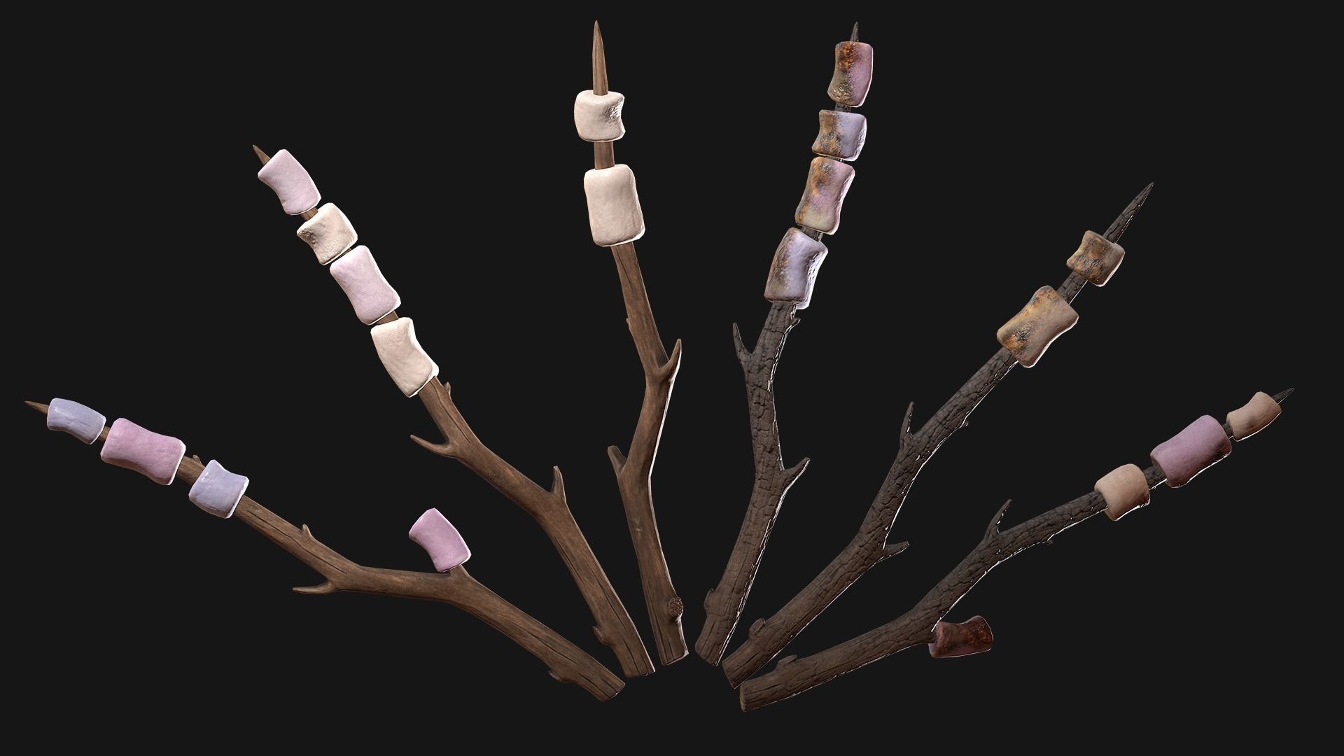 Marshmallow on a wooden stick Low-poly 3D model_1
