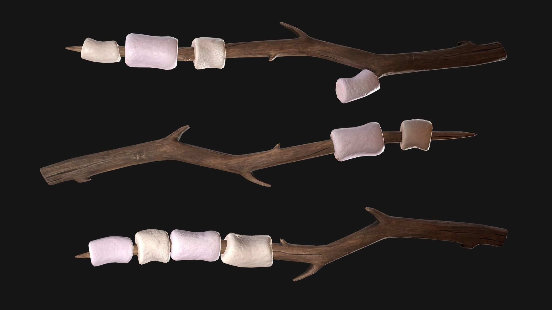 Marshmallow on a wooden stick Low-poly 3D model_7