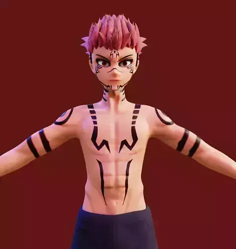 Sukuna male anime character with tattoos Low-poly 3D model