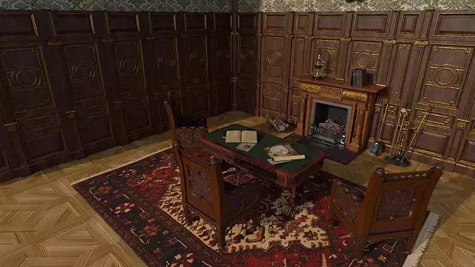 Victorian living room with fireplace 3D model 2