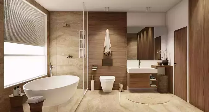 Realistic Bathroom modern with wooden floors and walls