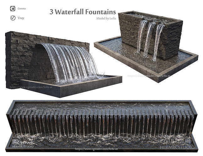 3 Waterfall fountains wide rock panel 3D model