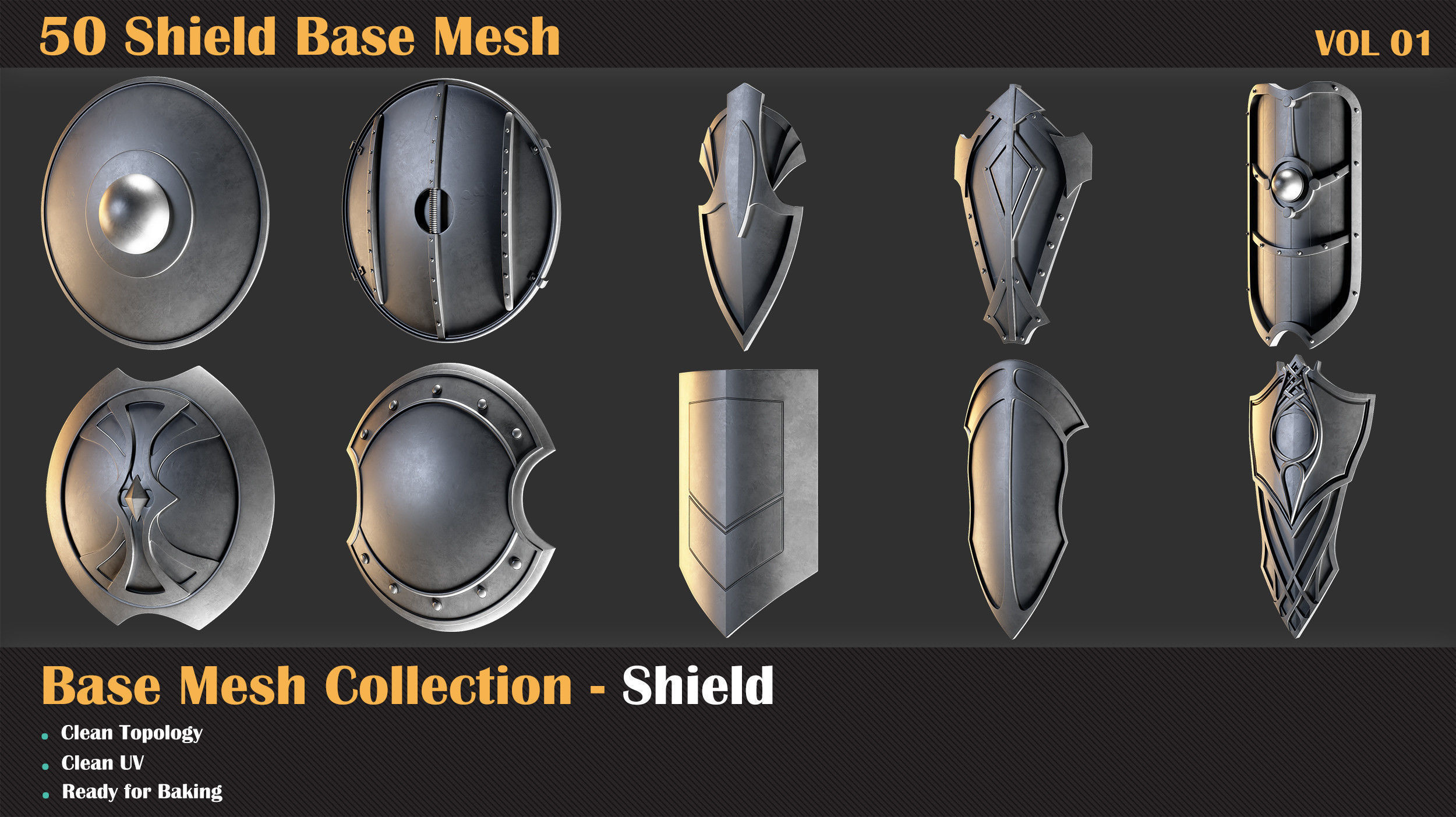 50 Shield Base Mesh - VOL 01 Low-poly 3D model_5