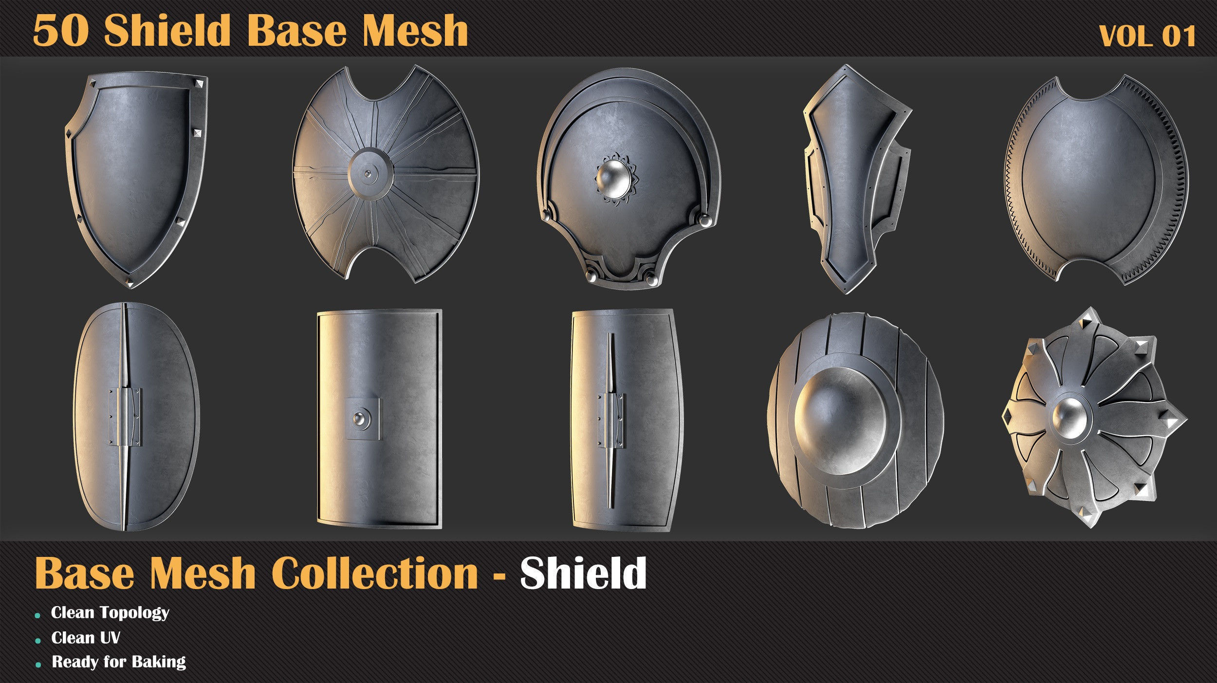 50 Shield Base Mesh - VOL 01 Low-poly 3D model_4