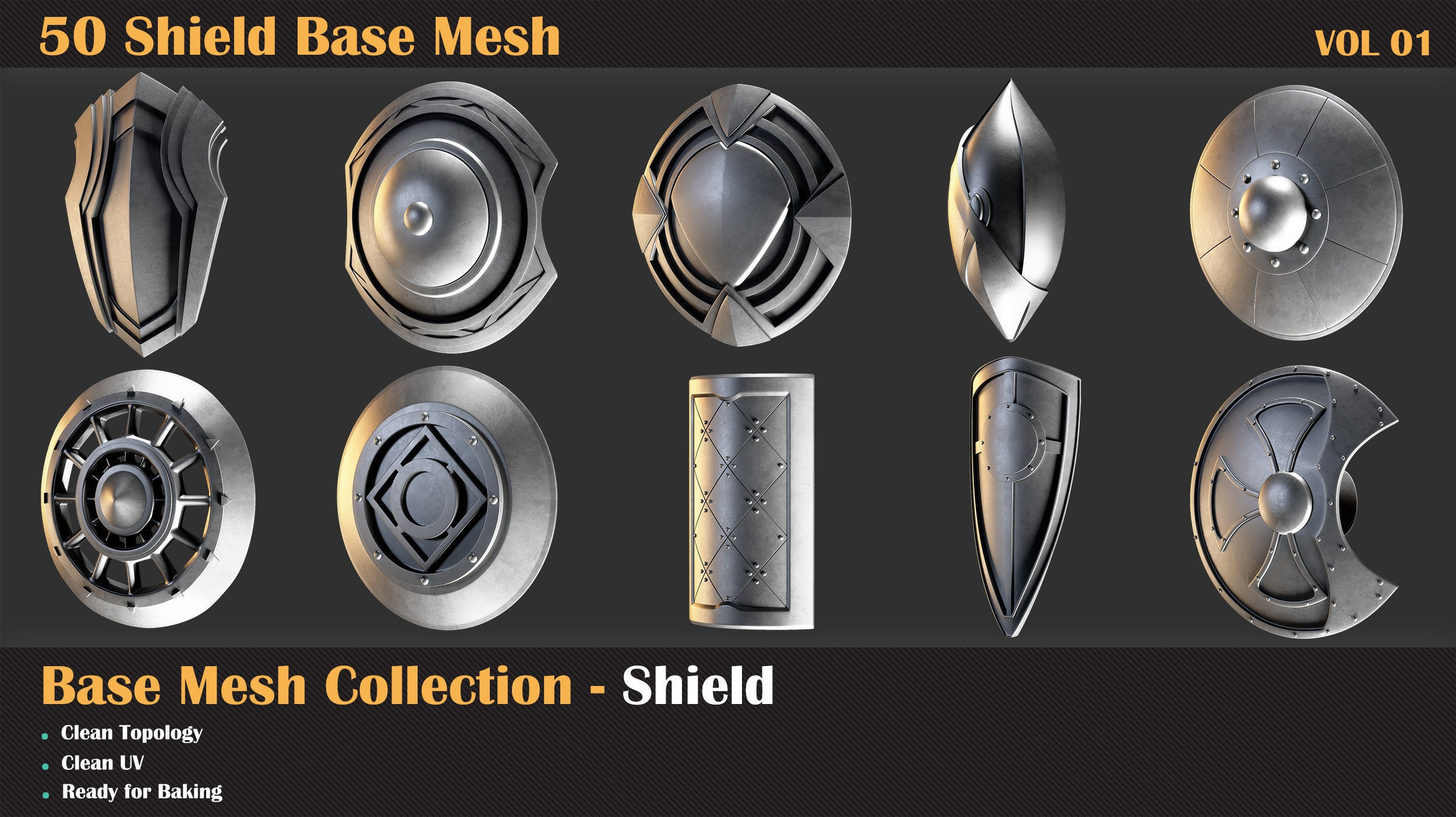 50 Shield Base Mesh - VOL 01 Low-poly 3D model_7