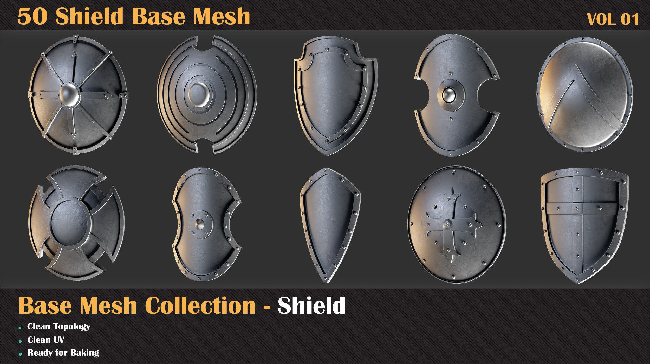 50 Shield Base Mesh - VOL 01 Low-poly 3D model_3