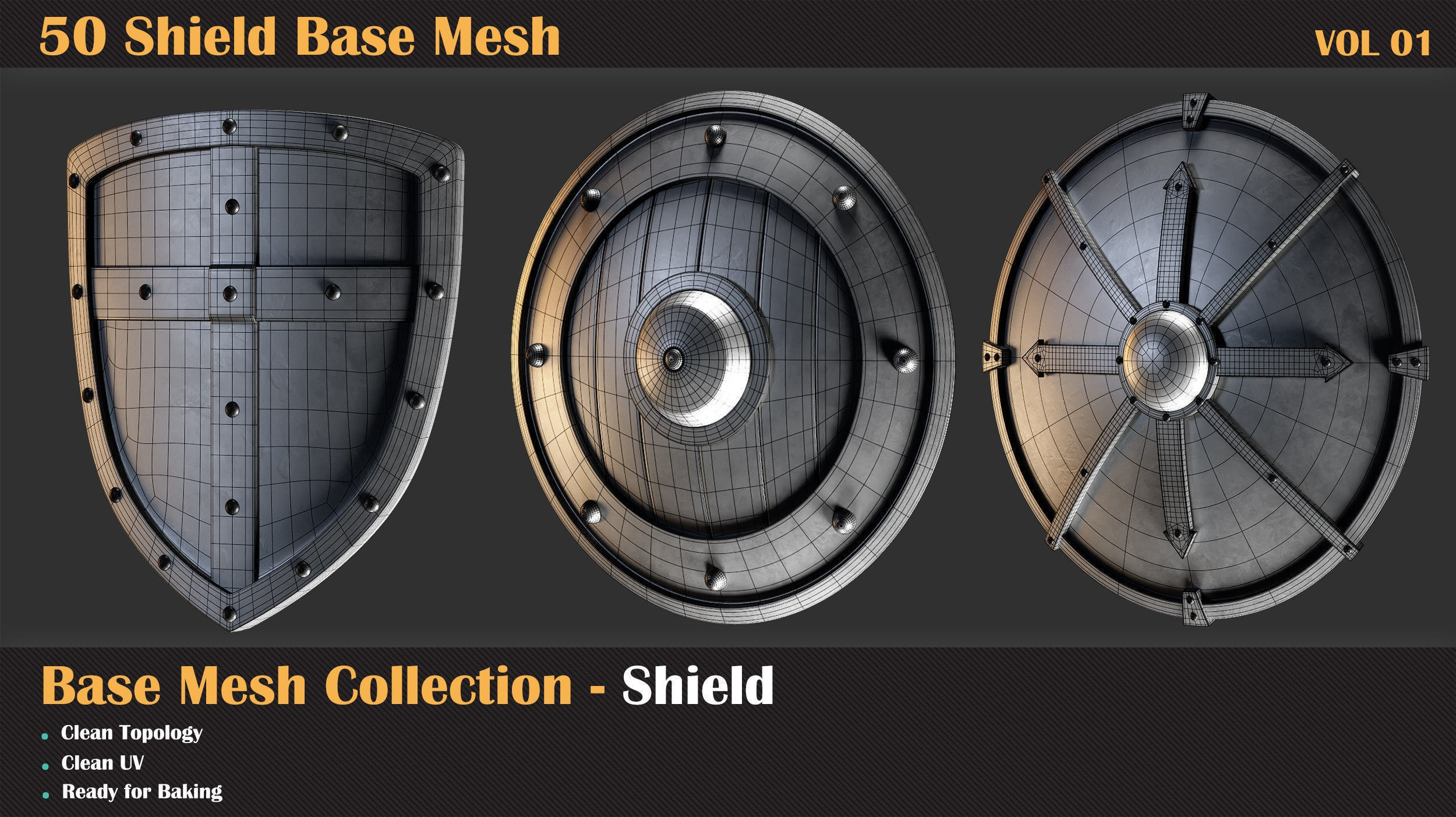 50 Shield Base Mesh - VOL 01 Low-poly 3D model_2