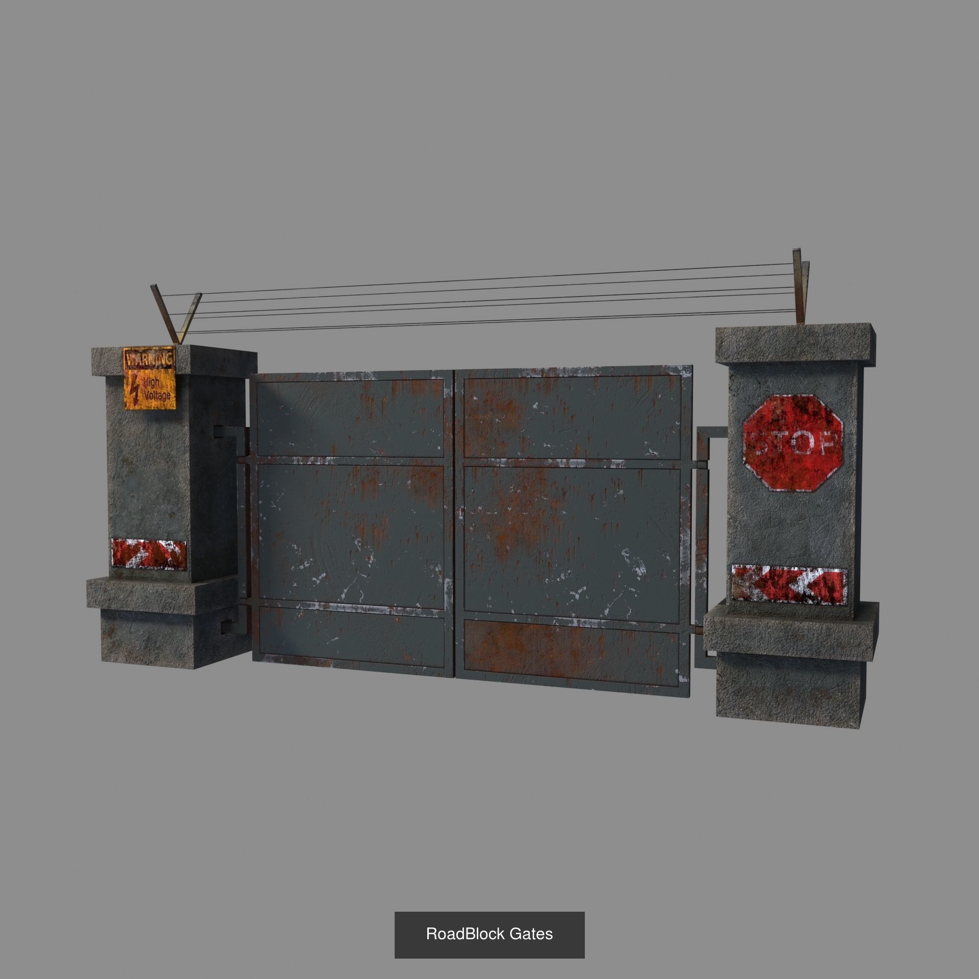 Roadblocks with rusty metal barrels 3D Model Collection_7