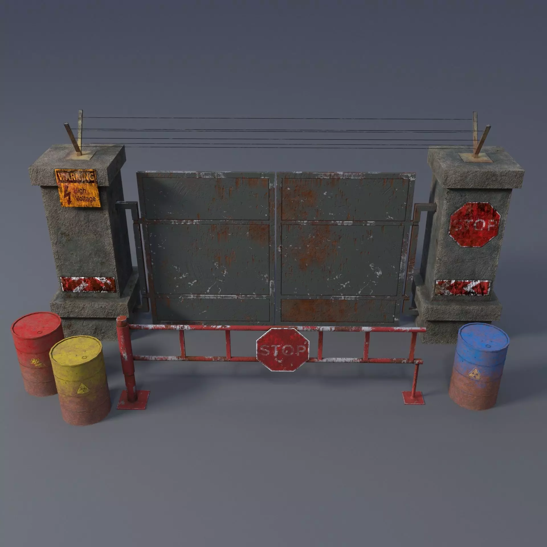 Roadblocks with rusty metal barrels 3D Model Collection_0