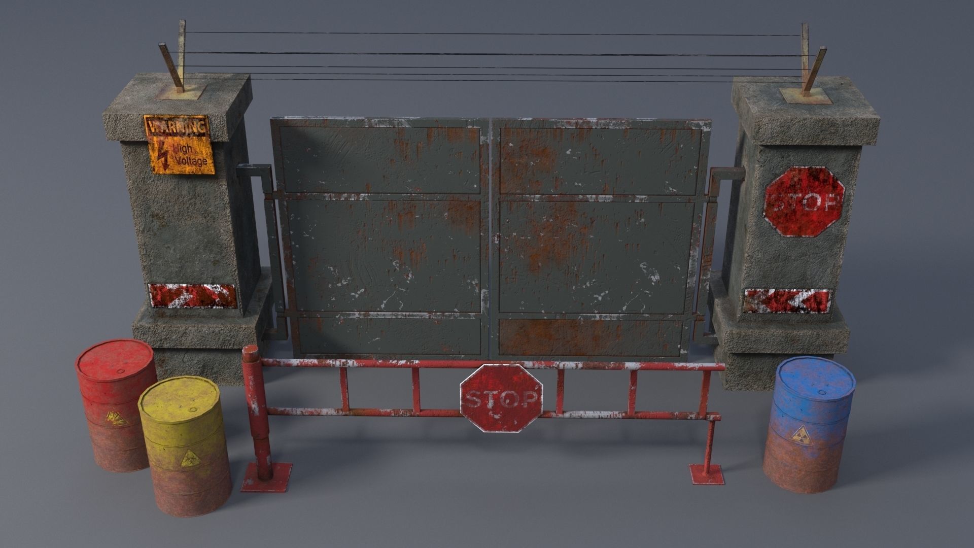 Roadblocks with rusty metal barrels 3D Model Collection_6