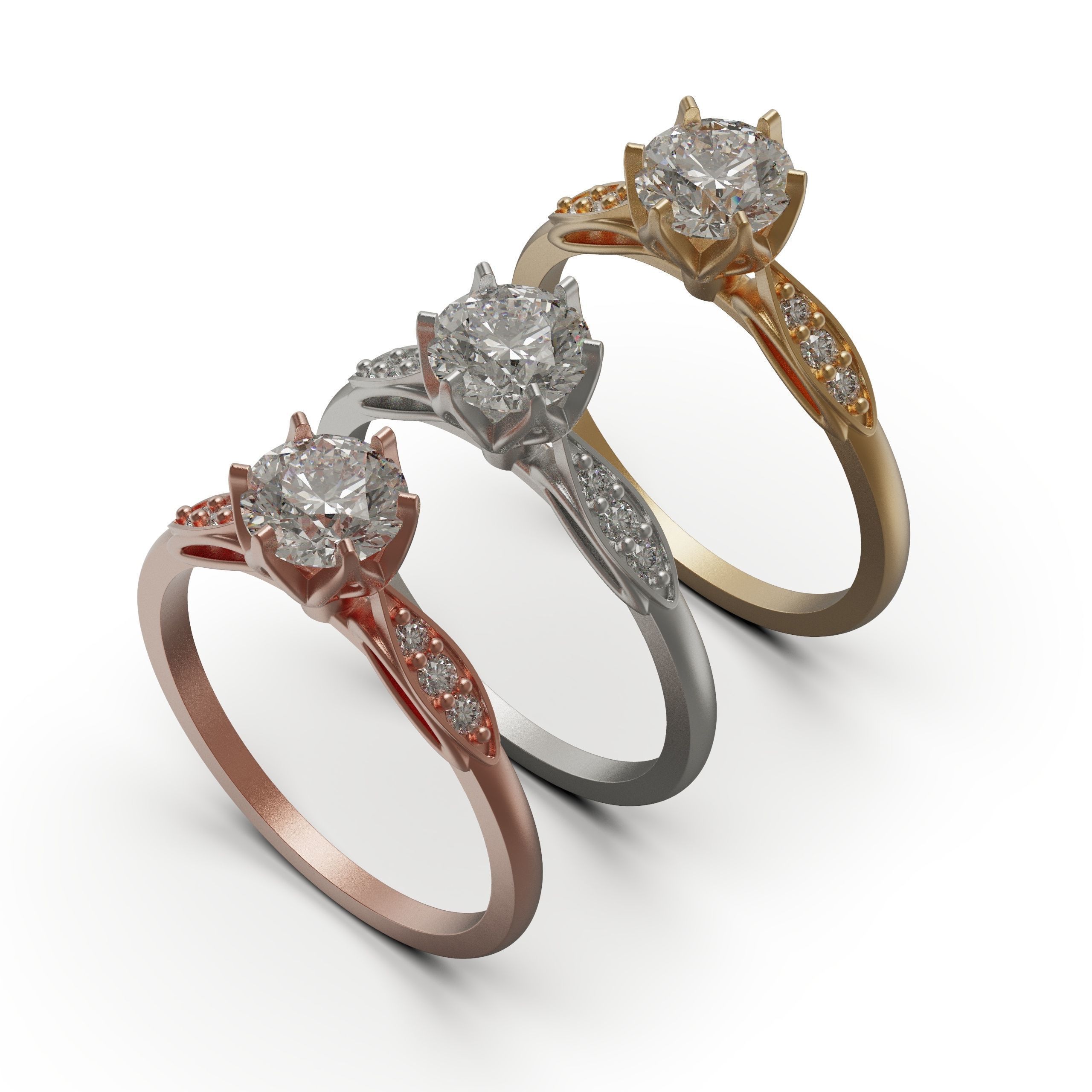 solitiare gold engagement ring with diamonds 3D print model_1