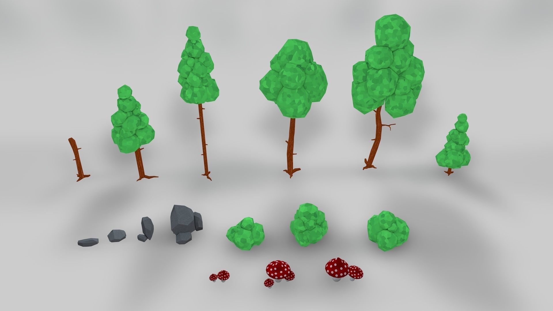 Asset Pack Trees Bush Stones Mushrooms for game Low-poly 3D model_1