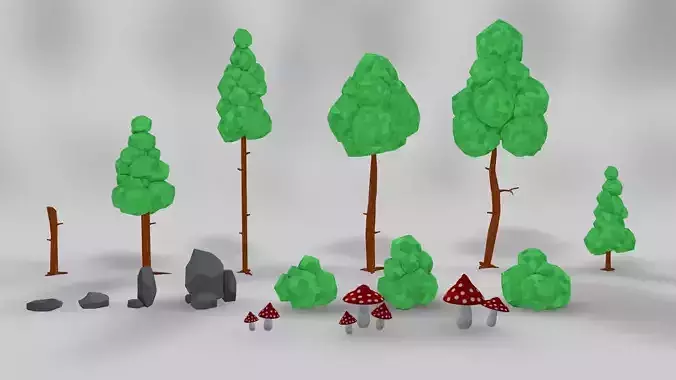 Asset Pack Trees Bush Stones Mushrooms for game Low-poly 3D model