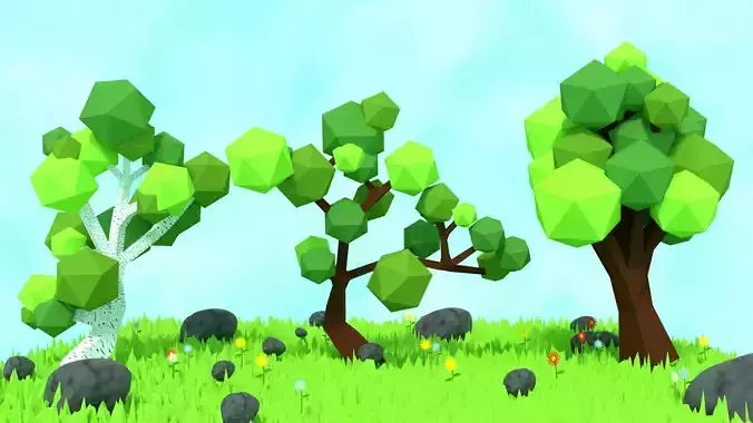 Low Poly Trees 3D Model Set Of 3 Birch Dark oak 1 Dark oak 2