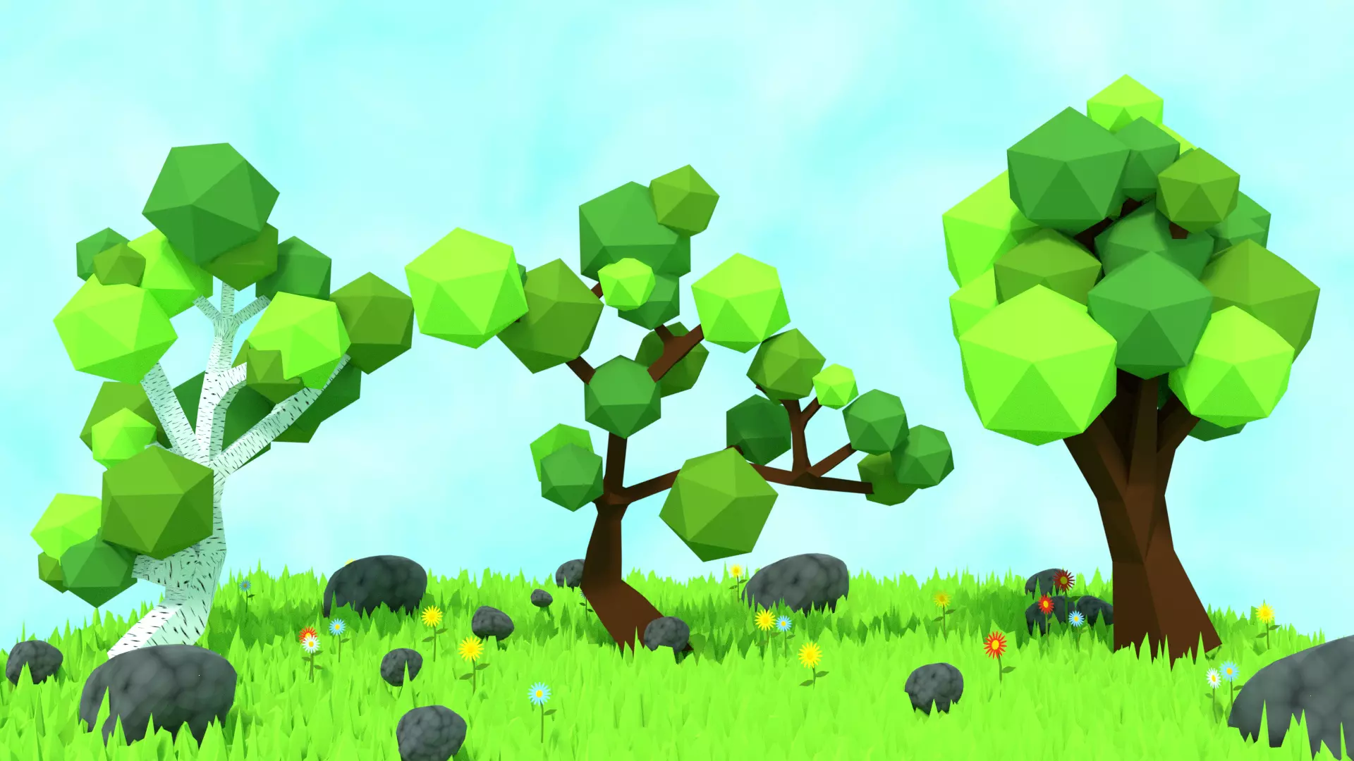 Low Poly Trees 3D Model Set Of 3 Birch Dark oak 1 Dark oak 2 Free low-poly 3D model