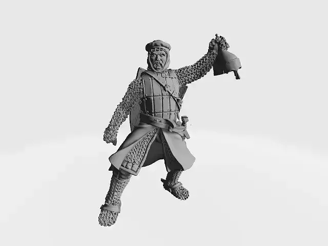 Medieval knight celebrating holding pagan helmet