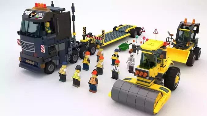 Lego workers and construction equipment 3D model