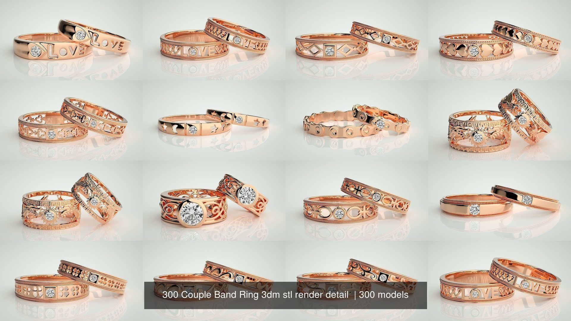 300 Couple Band Ring 3dm stl render detail Part-1 3D Model Collection_1