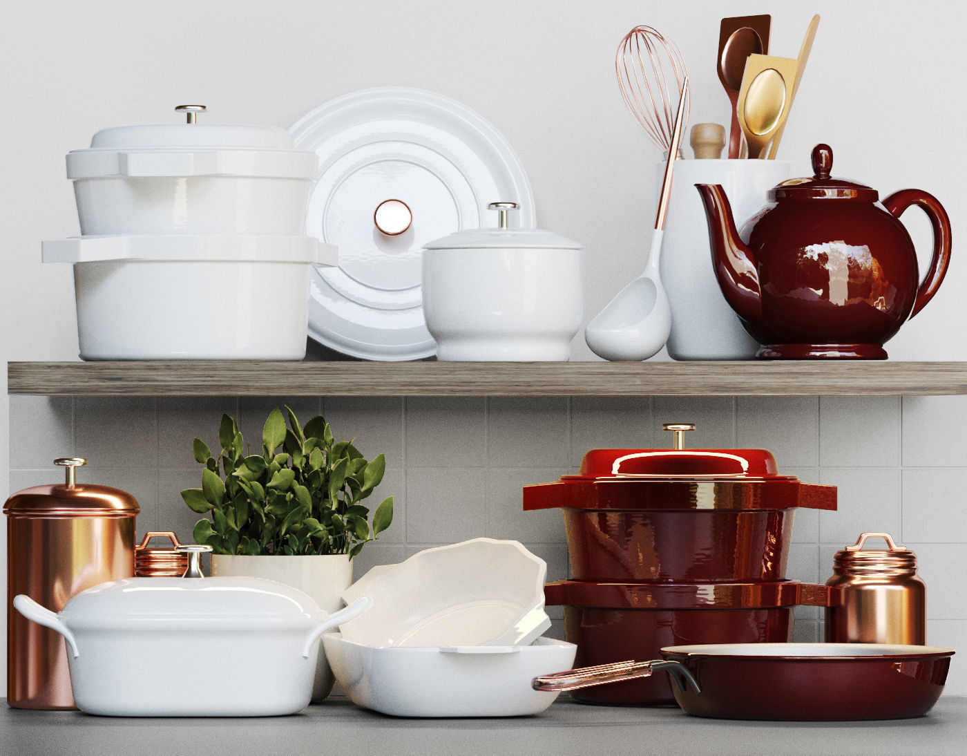 Cookware set 2 pots and pans on shelf 3D model_2