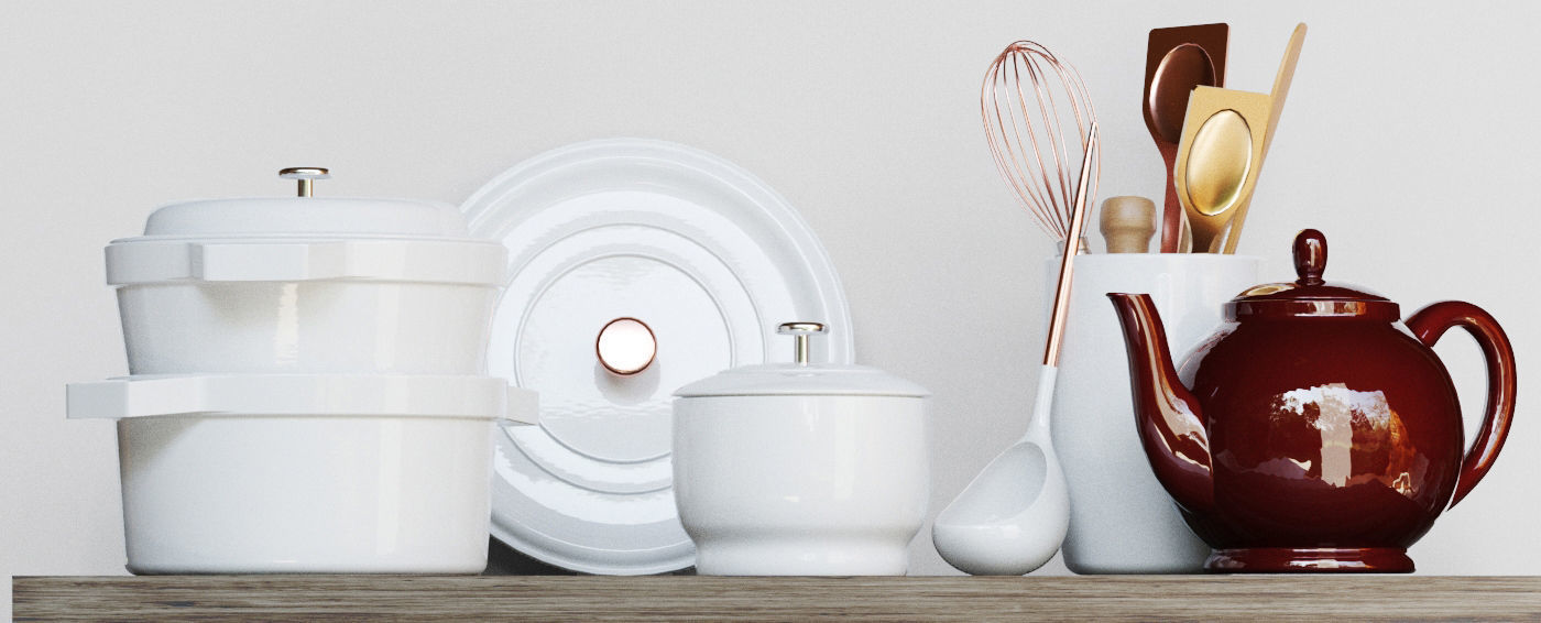 Cookware set 2 pots and pans on shelf 3D model_4