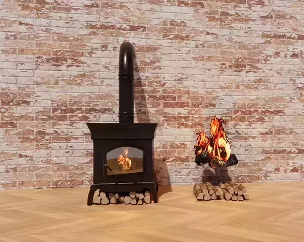 Fireplace wood burning stove Low-poly 3D model