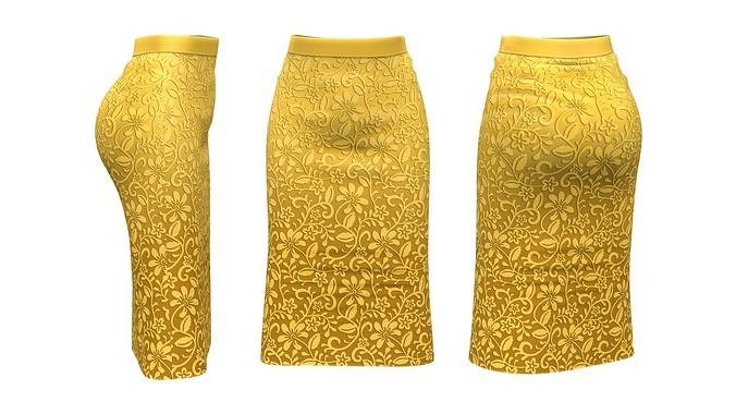 Elegant Below Knee Yellow Flower Pattern Pencil Skirt Low-poly 3D model